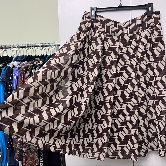 J. Crew Brown & Cream Houndstooth Pattern High-Waisted Midi Modest Skirt Sz L - Picture 5 of 12